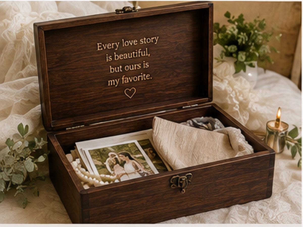 Wedding memory chest interior holding photos vows letters and keepsakes