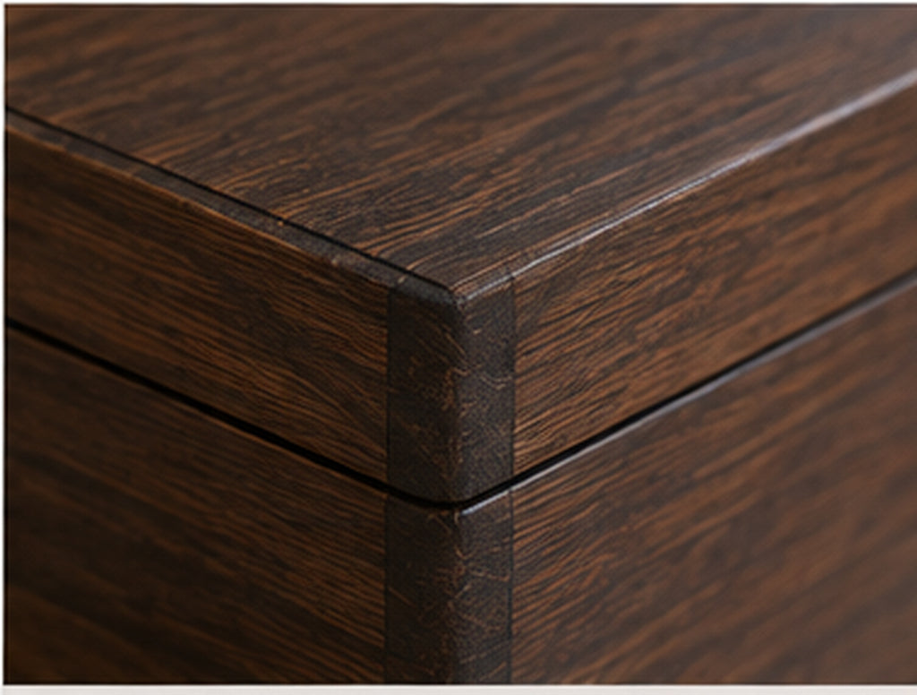 Close-up of wood grain edge and solid construction on wedding memory chest