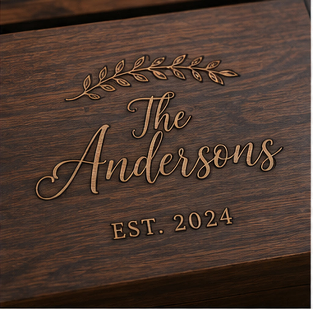 Close-up personalized engraving on walnut wedding memory chest lid