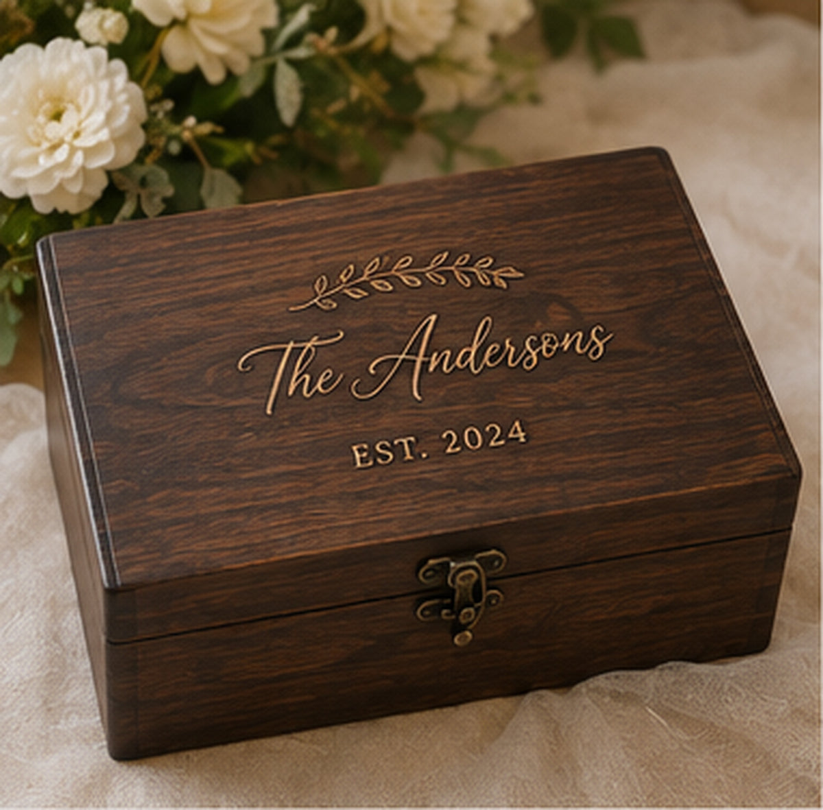 Personalized walnut wedding memory chest closed hero view