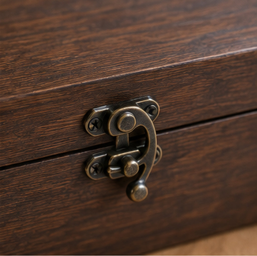 Antique brass style latch detail on personalized wedding memory chest