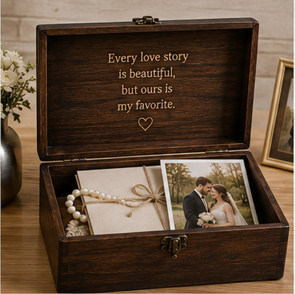 Open personalized wedding memory chest showing interior keepsake storage