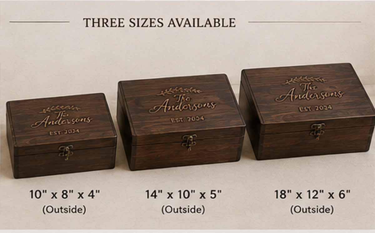 Wedding memory chest size comparison showing 10 by 8 by 4, 14 by 10 by 5, and 18 by 12 by 6 inch options