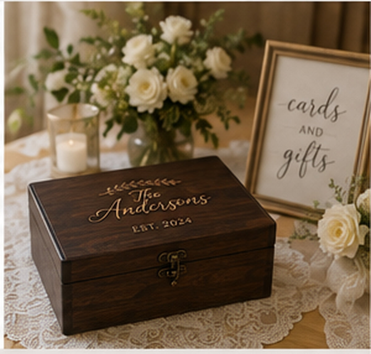 Personalized wedding memory chest styled at a wedding reception table