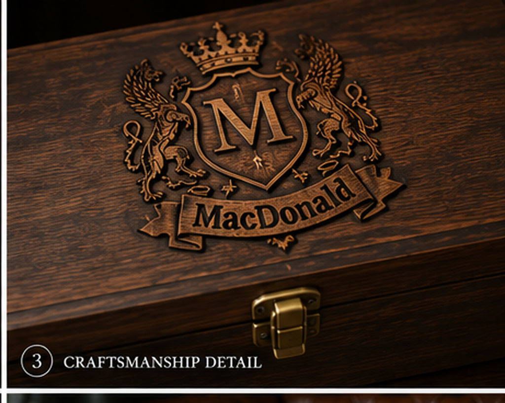 Close-up dimensional family crest engraving on dark walnut whiskey presentation box