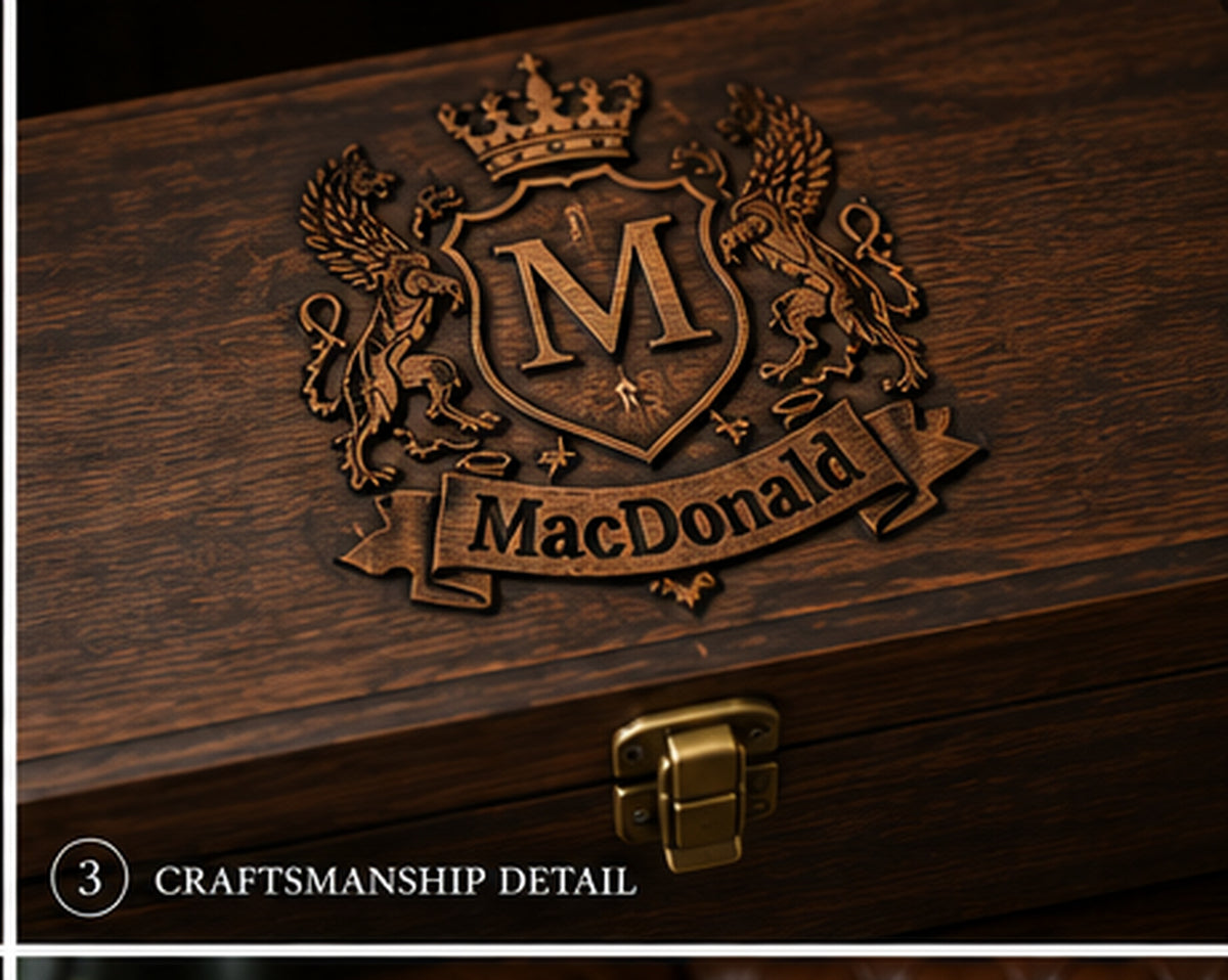 Close-up dimensional family crest engraving on dark walnut whiskey presentation box