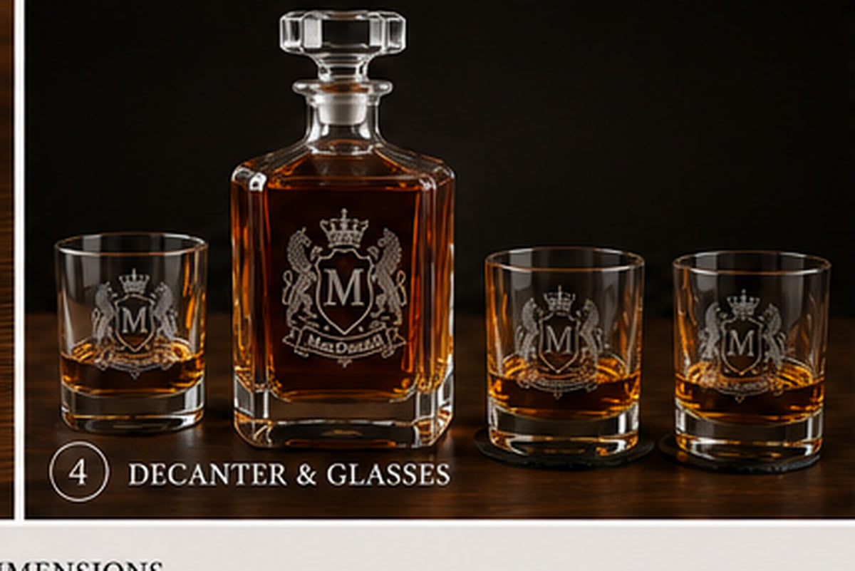 Engraved family crest whiskey decanter and matching glasses