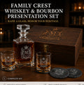 Family crest whiskey and bourbon presentation set with personalized wood box, engraved decanter and glasses