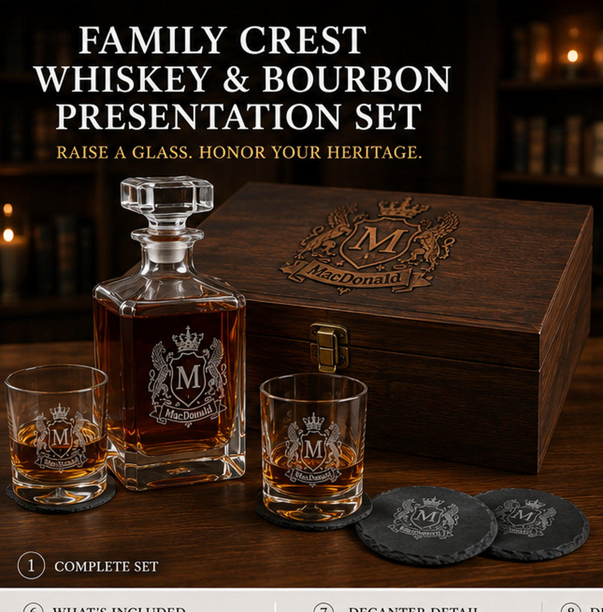 Family crest whiskey and bourbon presentation set with personalized wood box, engraved decanter and glasses