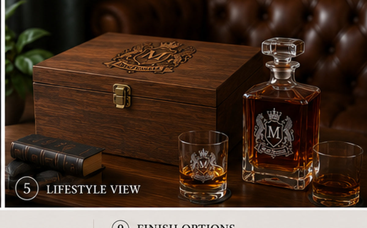 Family crest whiskey and bourbon presentation set displayed in a premium home bar setting