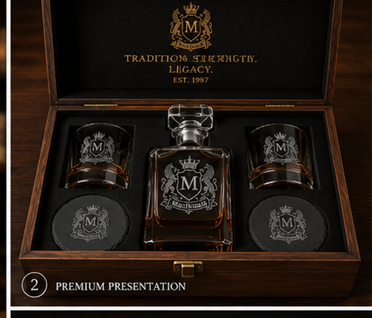 Open personalized family crest whiskey presentation box with engraved decanter and glasses