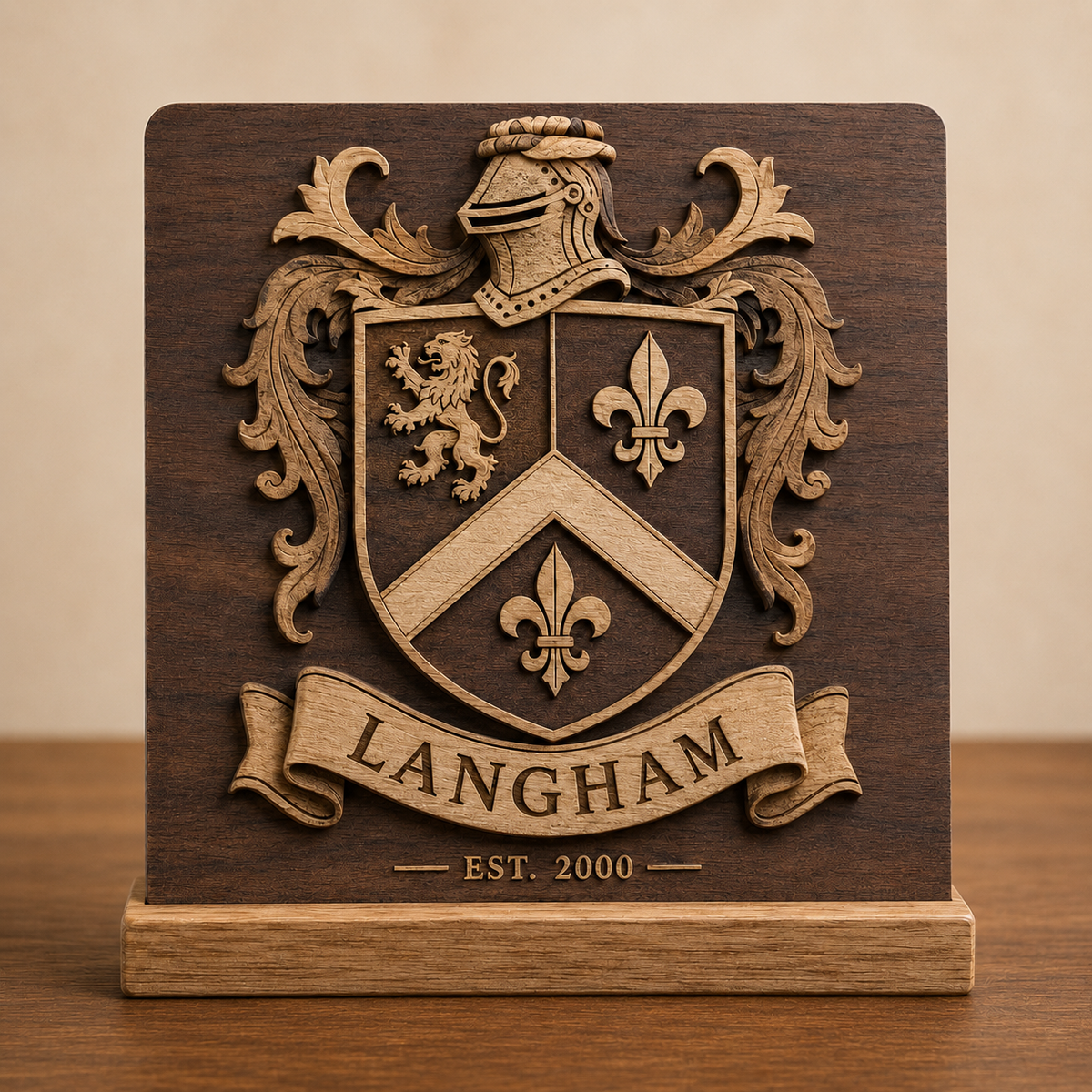 Straight front view of layered wood family crest desk display