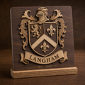 Personalized family crest desk and mantel display in Dark Walnut with freestanding wood base