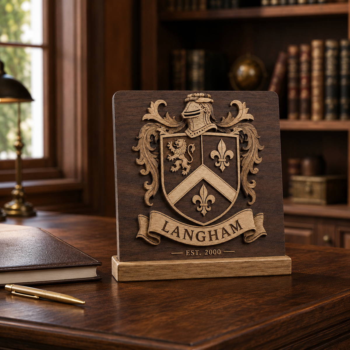 Compact personalized family crest display shown on an executive desk