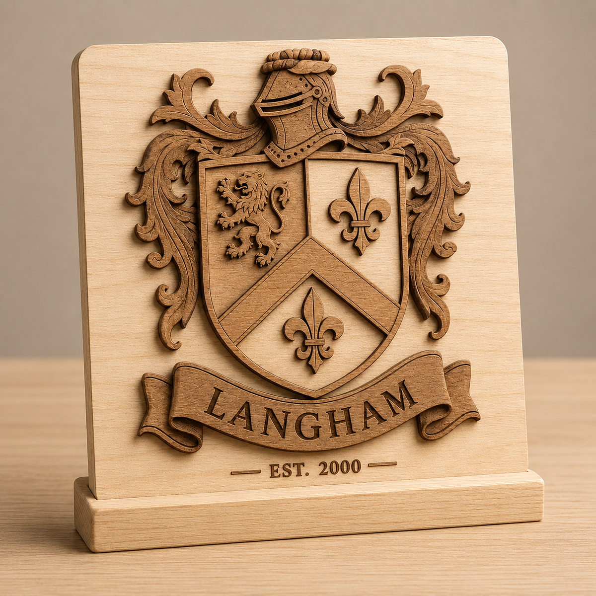 Personalized family crest desk display in Natural wood finish