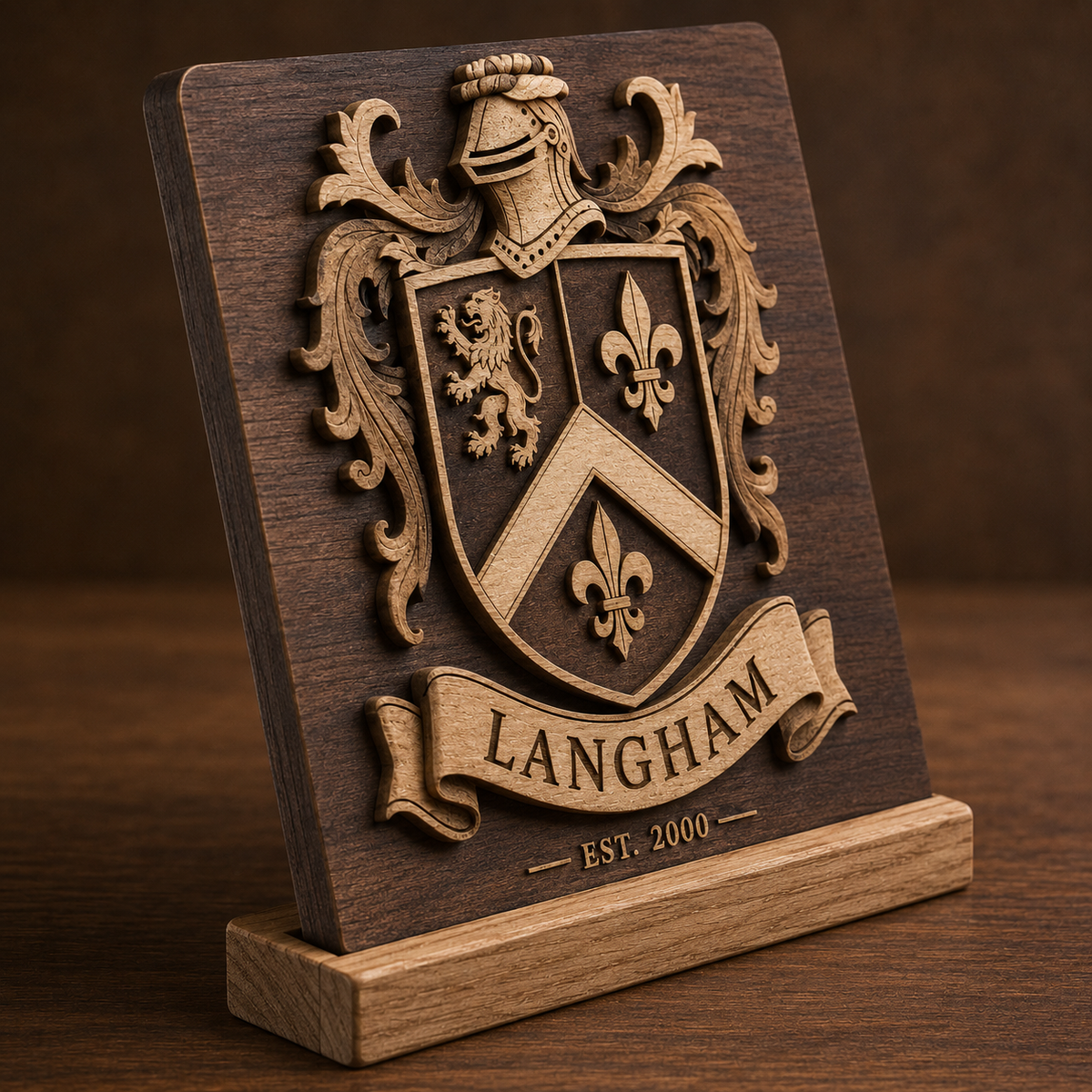 Angled detail showing laser engraved relief layers and fitted wood stand