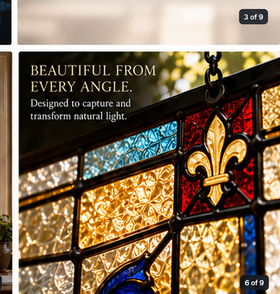 Angled close-up of stained glass crest craftsmanship and hanging hardware