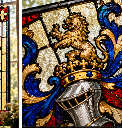 Close-up detail of a custom family crest stained glass design