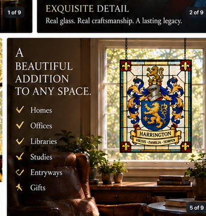 Custom family crest stained glass displayed in a refined home study