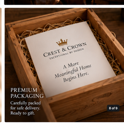 Concept packaging presentation for a custom family crest stained glass heirloom