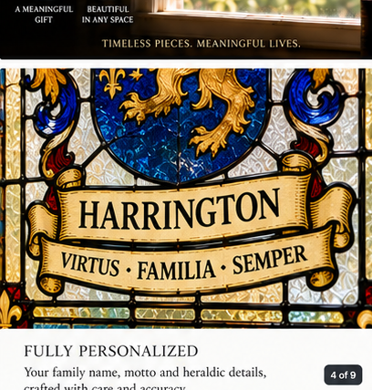 Personalized family name and motto details on a stained glass crest