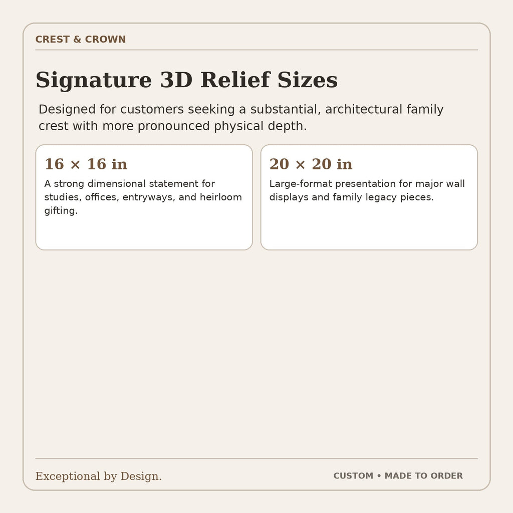 Premium 3D family crest size guide showing 16 and 20 inch options