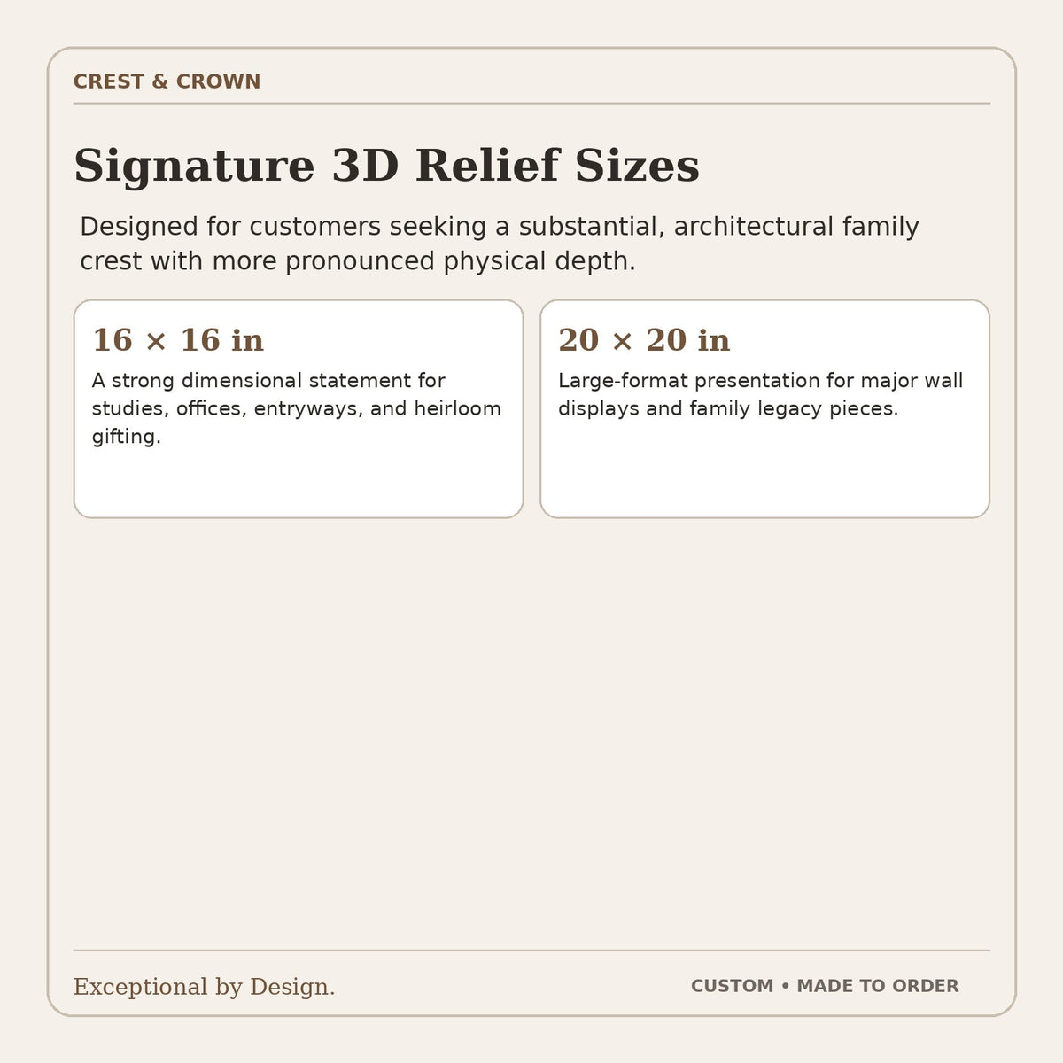 Premium 3D family crest size guide showing 16 and 20 inch options