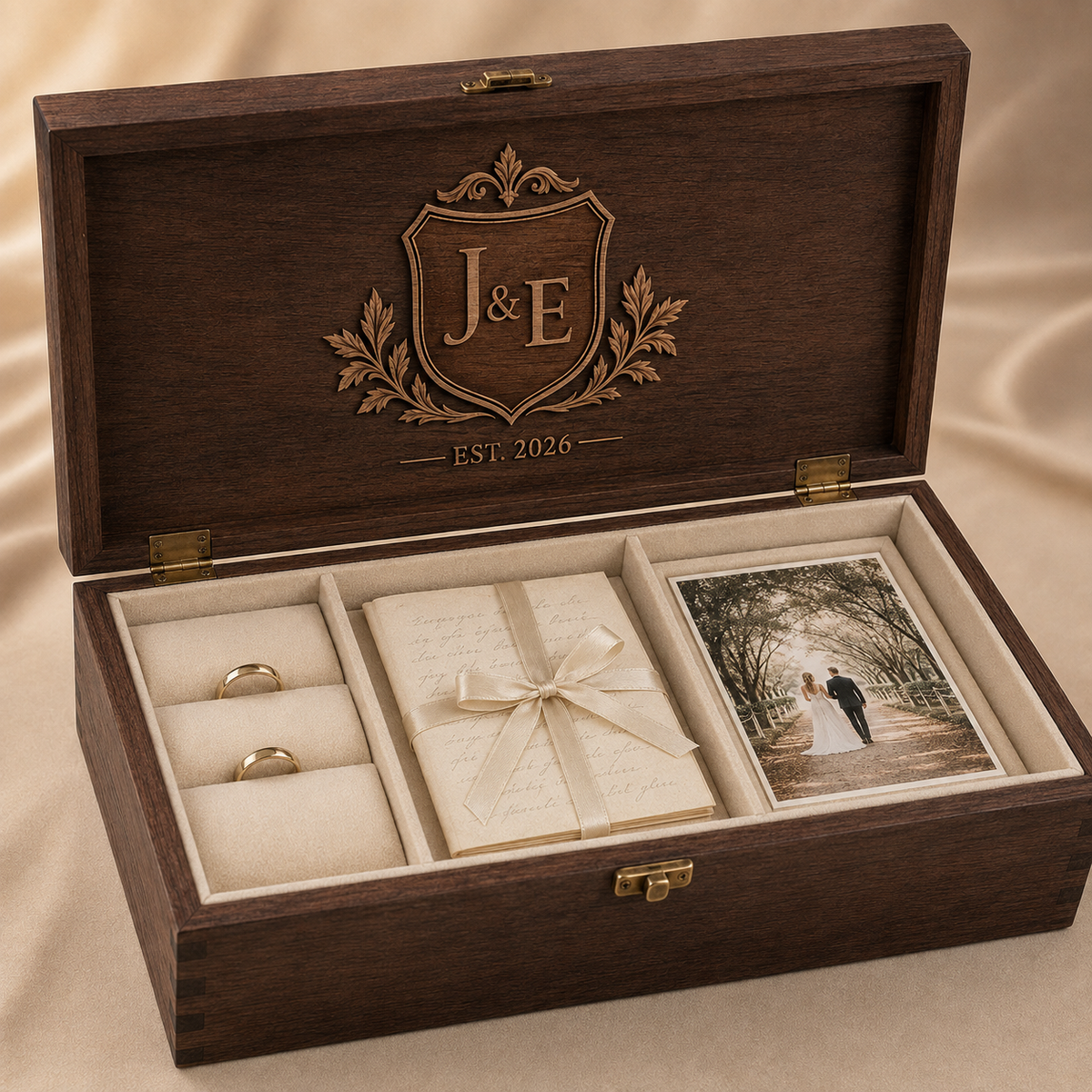 Deluxe Wedding Heirloom Box with separate ring vow and photograph compartments