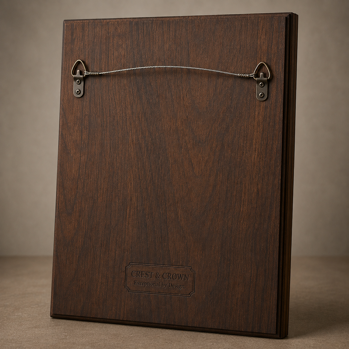 Back of rectangular family reunion plaque with installed hanging wire