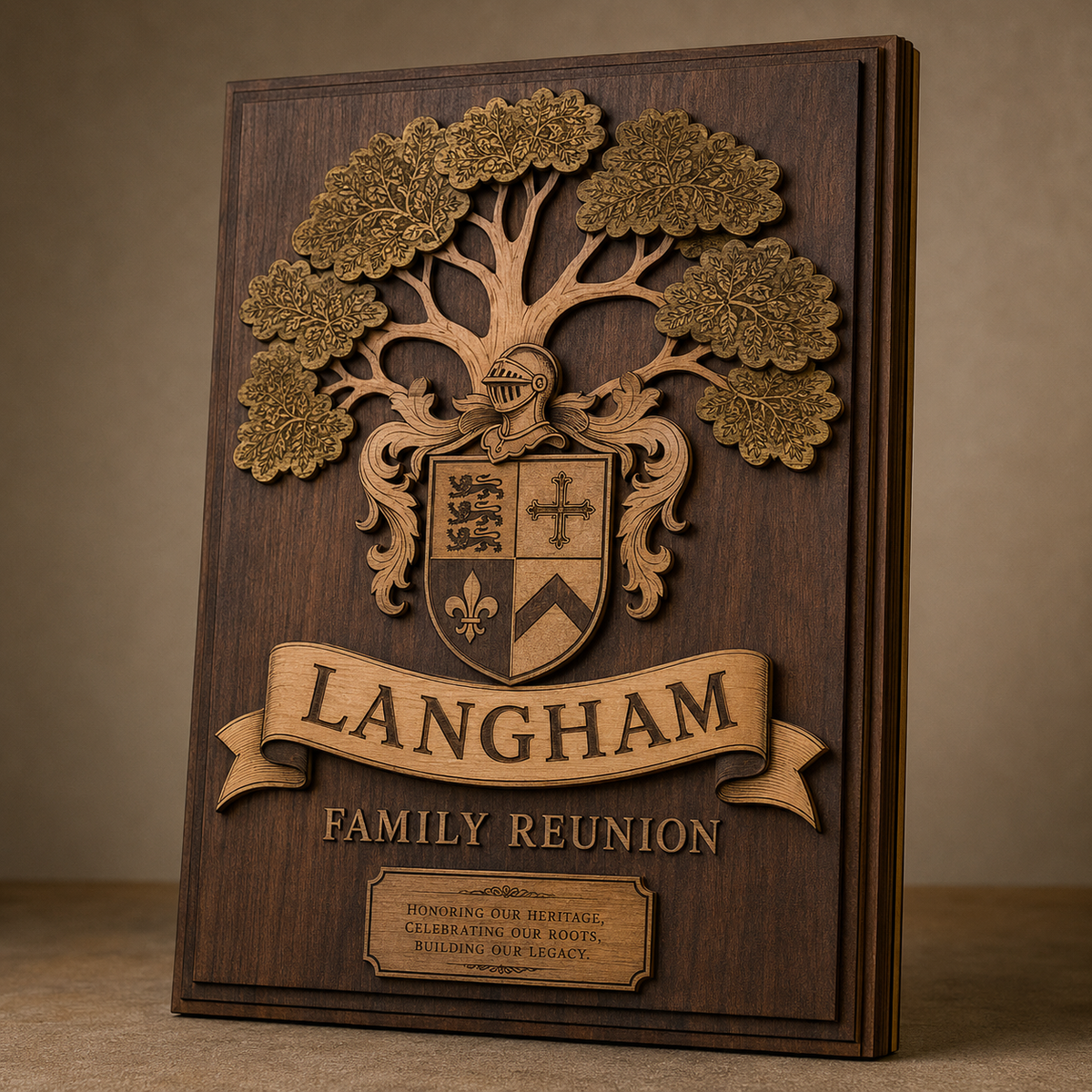 Personalized rectangular layered wood family reunion plaque with custom family crest and surname