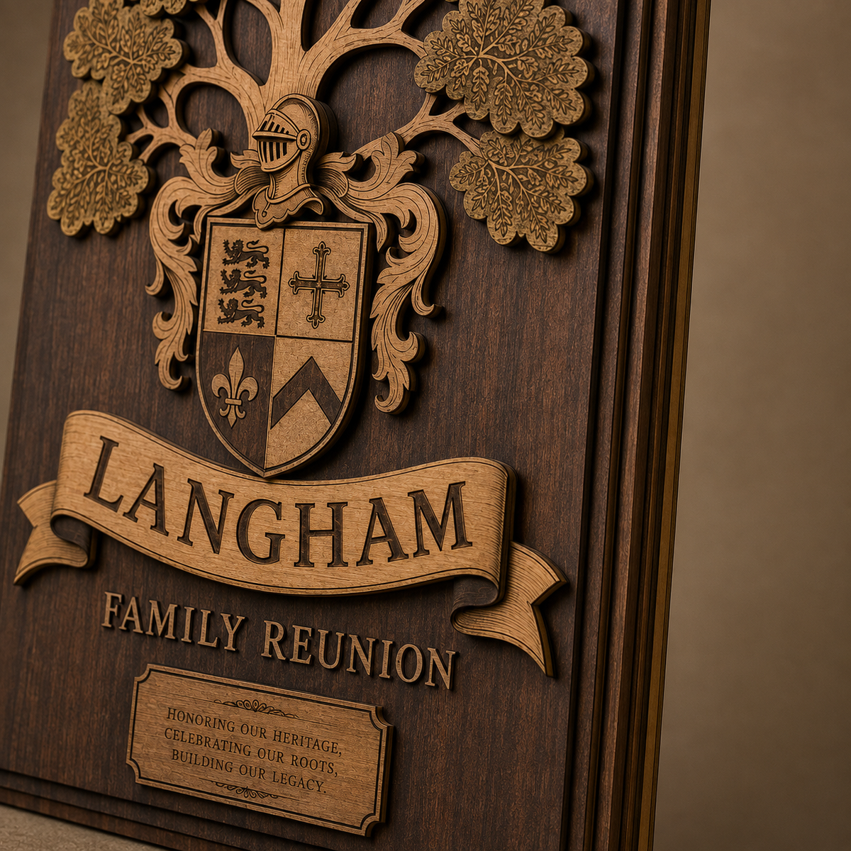 Close view of laser engraved details and stacked wood relief layers