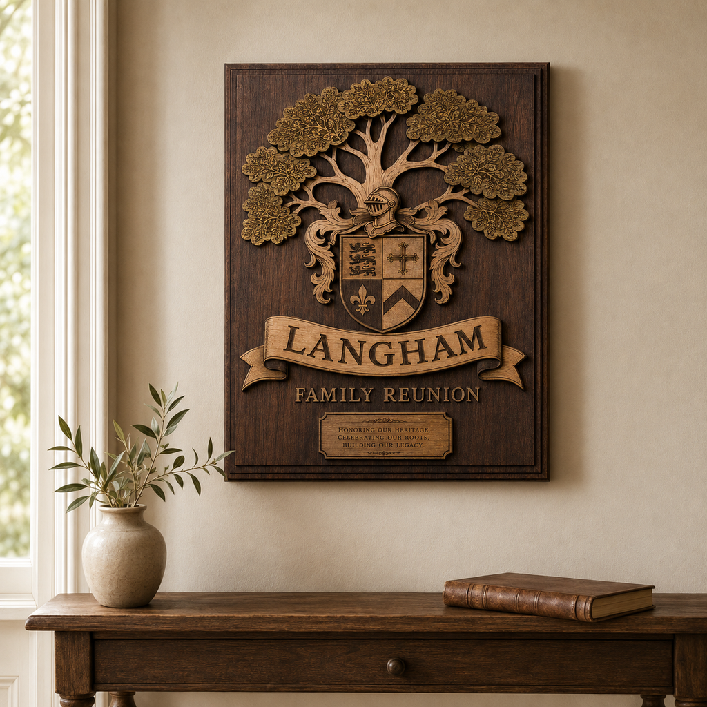 Rectangular personalized family reunion plaque displayed on a home wall