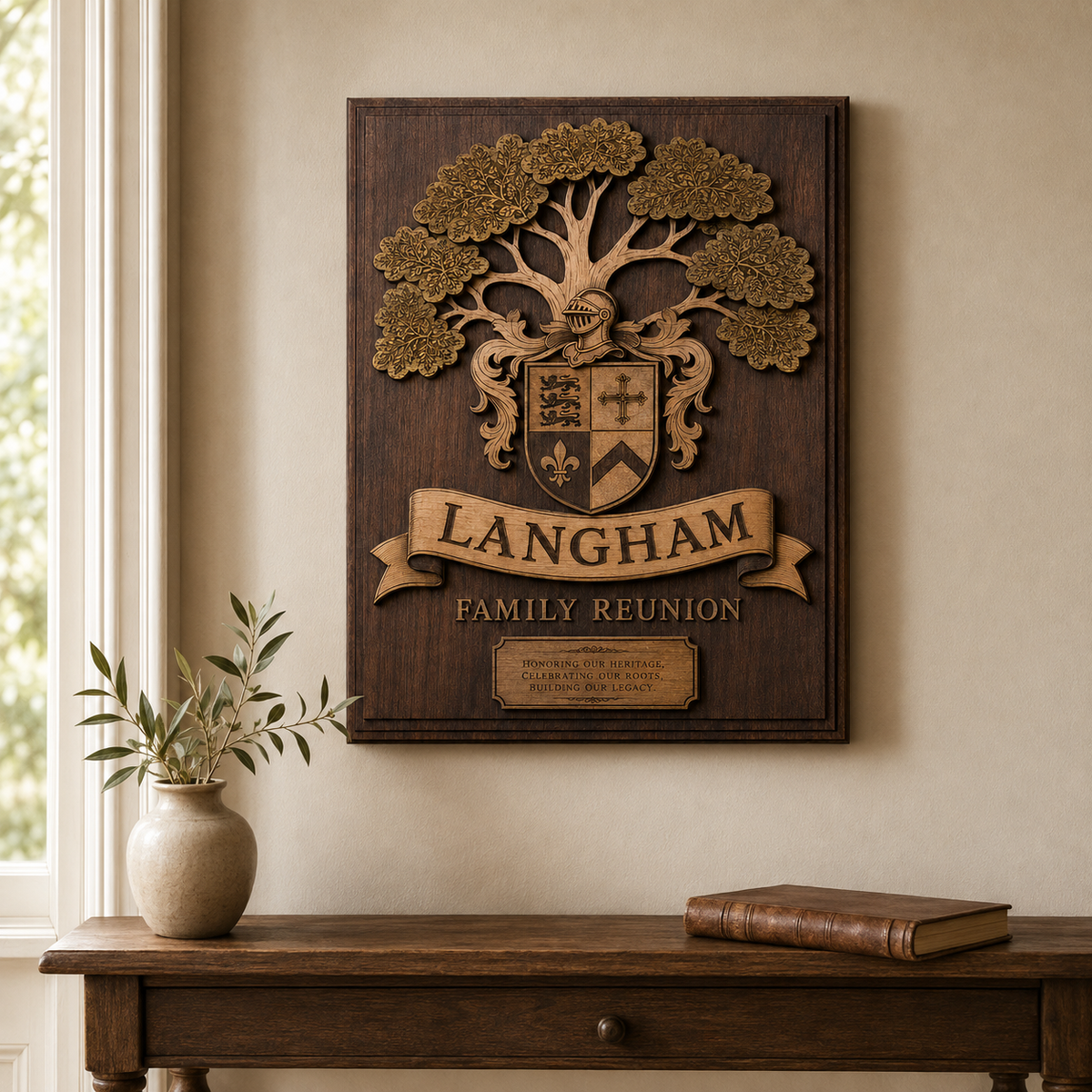 Rectangular personalized family reunion plaque displayed on a home wall