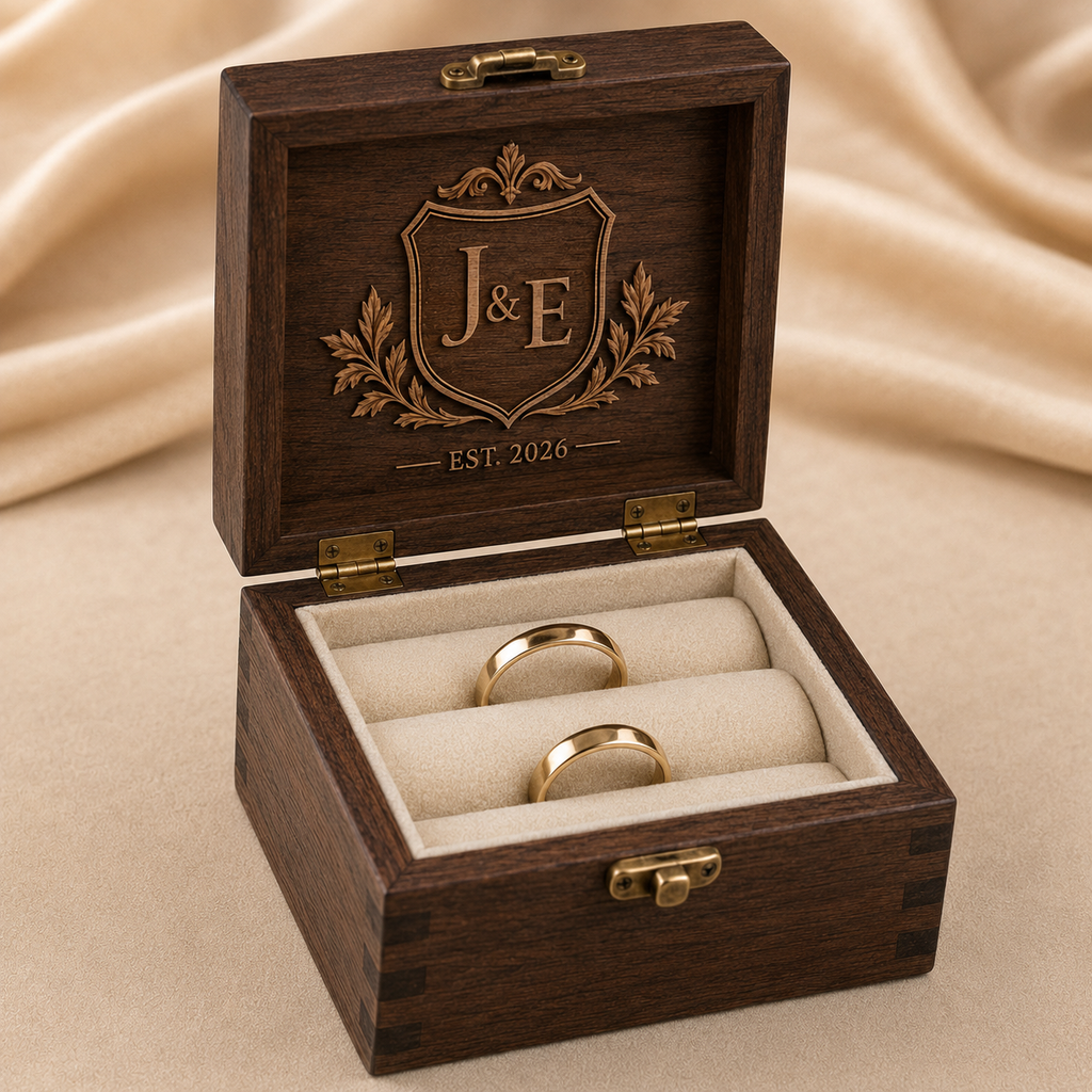 Compact personalized wedding Ring Box with two ivory ring slots