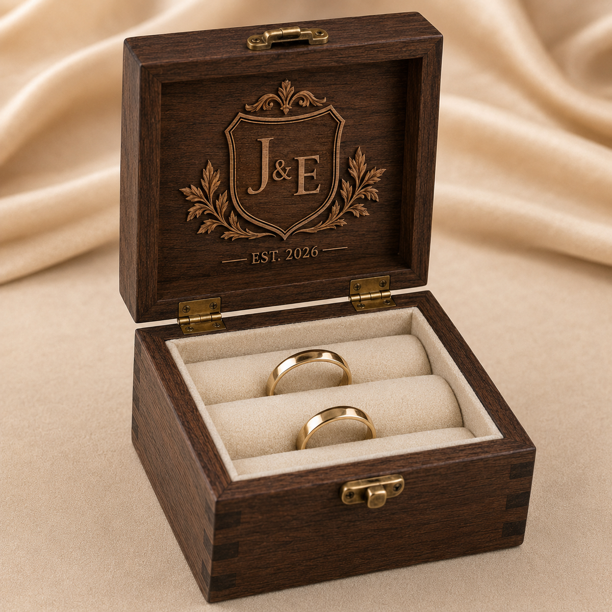 Compact personalized wedding Ring Box with two ivory ring slots