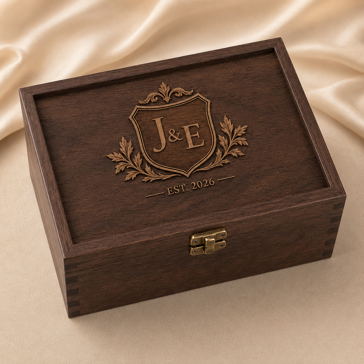 Closed personalized wedding keepsake box showing layered crest and brass clasp