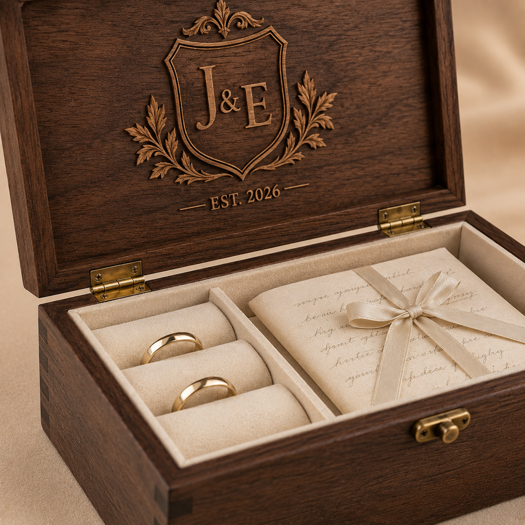 Close view of engraved wedding crest box joints brass hinges ring slots and vow compartment