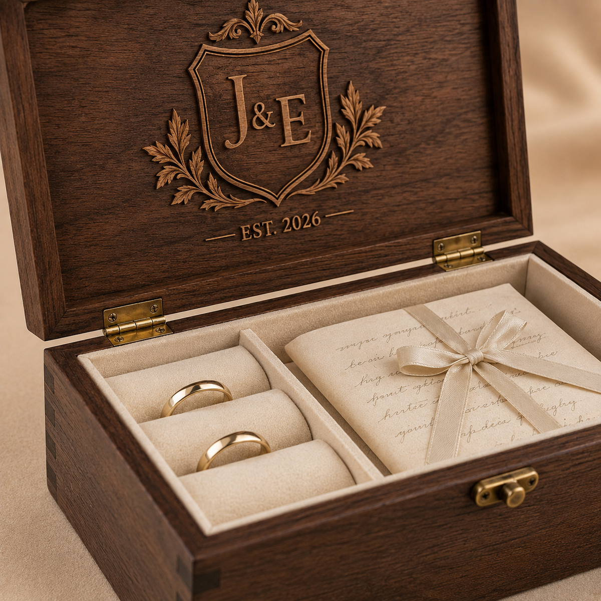 Close view of engraved wedding crest box joints brass hinges ring slots and vow compartment