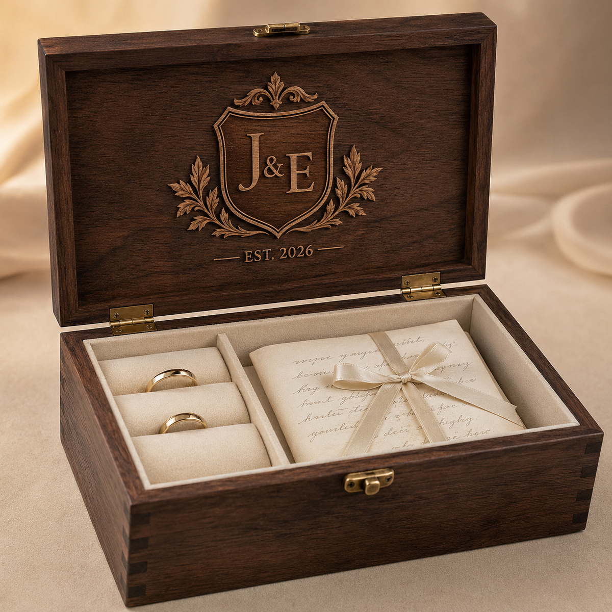 Personalized dark walnut Ring and Vow Keepsake Box with wedding crest rings and protected vows