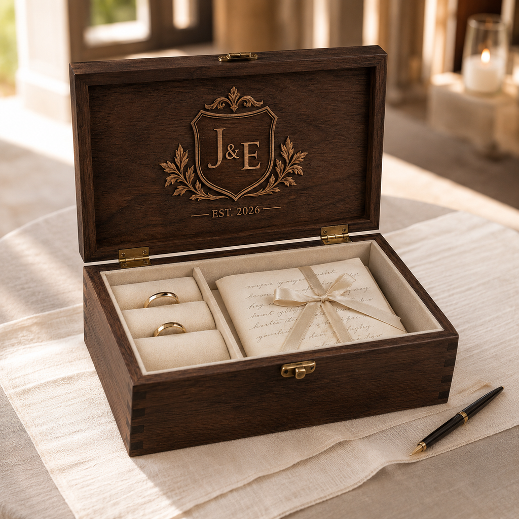 Personalized Ring and Vow Keepsake Box displayed on a wedding signing table