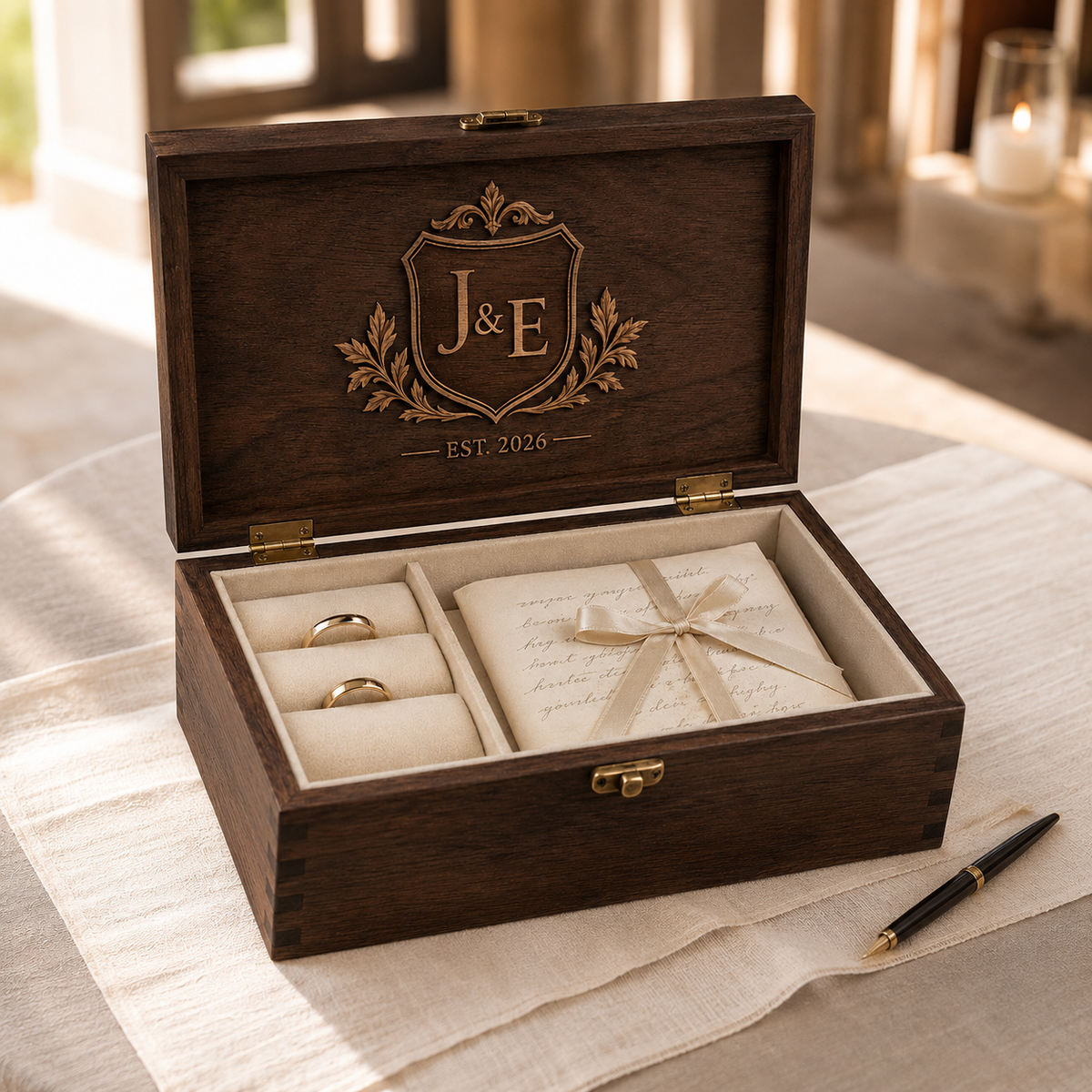 Personalized Ring and Vow Keepsake Box displayed on a wedding signing table